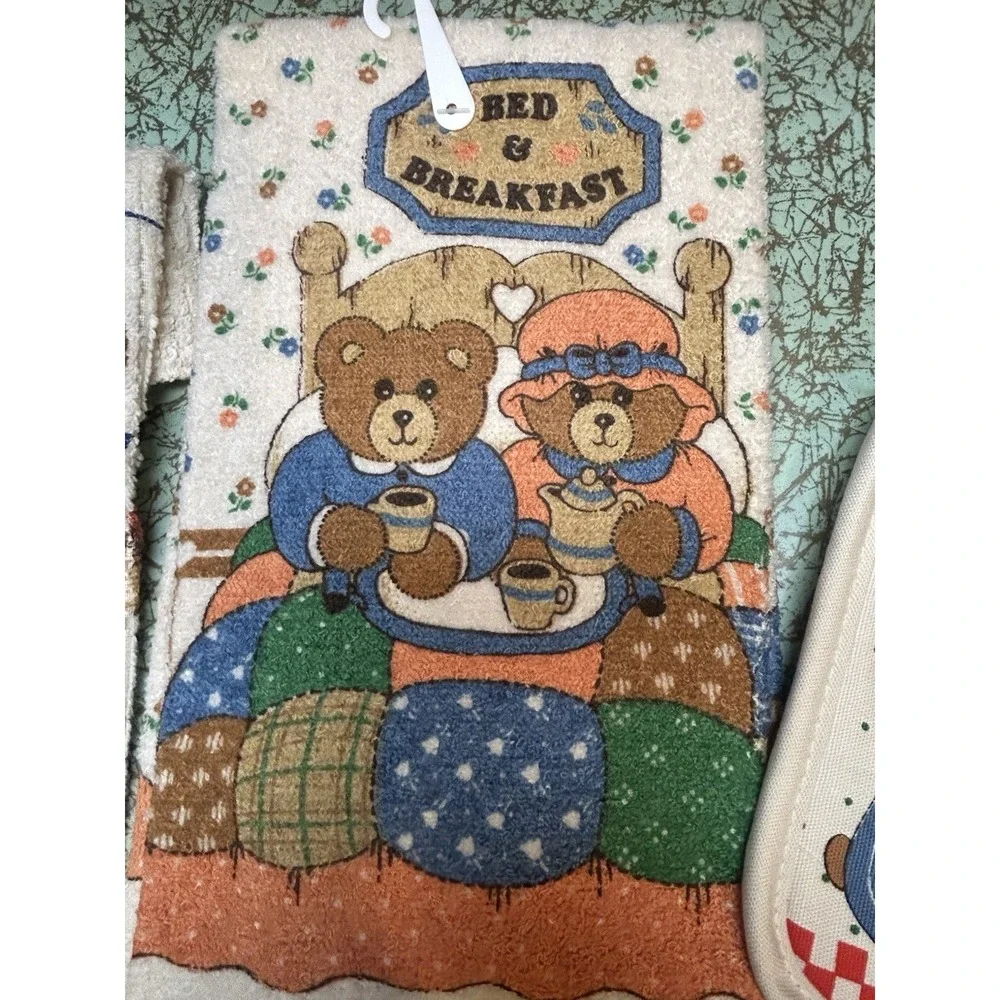 VTG 80s 90s Teddy Bears Kitchen Towel Dishcloth Potholder Set Deadstock New